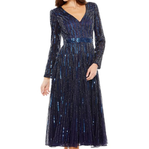 MAC DUGGAL 5528 LONG SLEEVE TEA LENGTH MIDNIGHT NAVY MIDI GOWN sz 22 - Picture 1 of 4